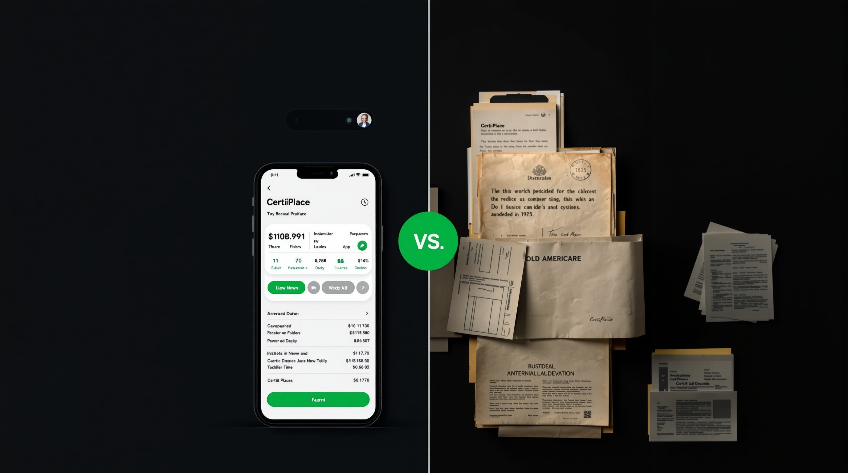 Modern smartphone with digital interface on the left versus traditional paperwork on the right