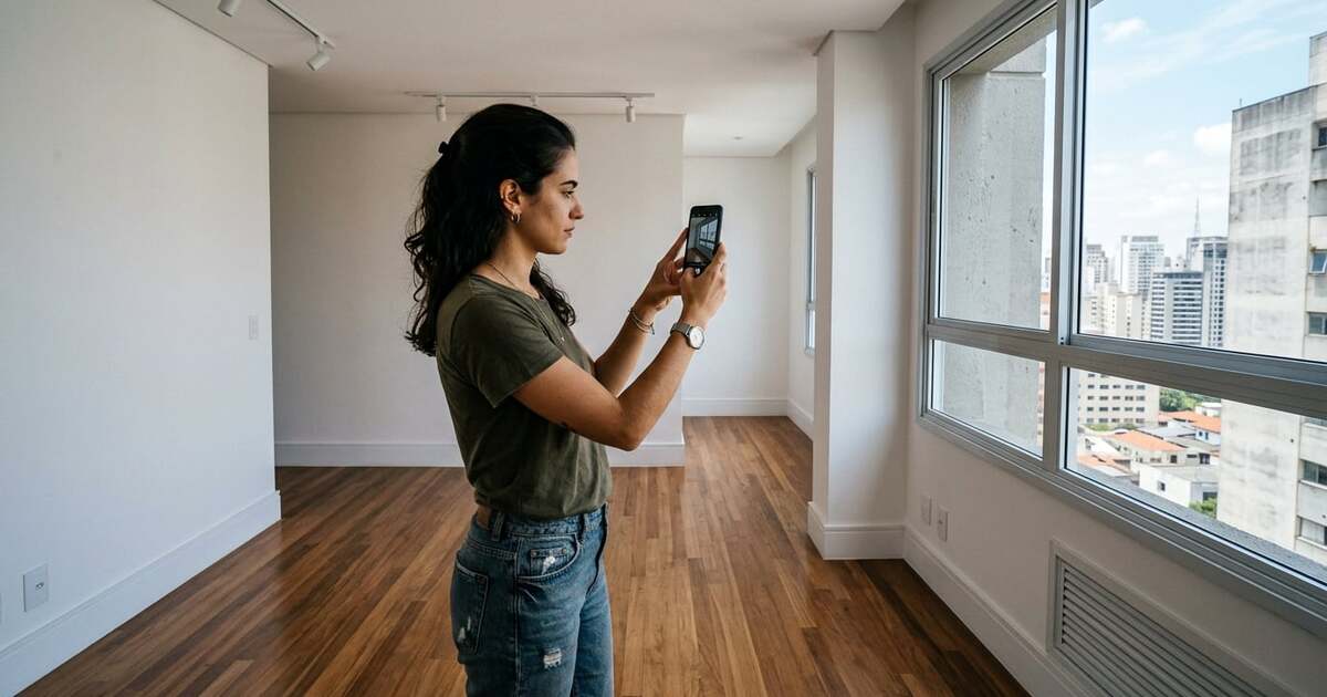 Inquilino usando smartphone para fotografiar o estado de um apartamento vazio no dia da entrada para proteger o caução