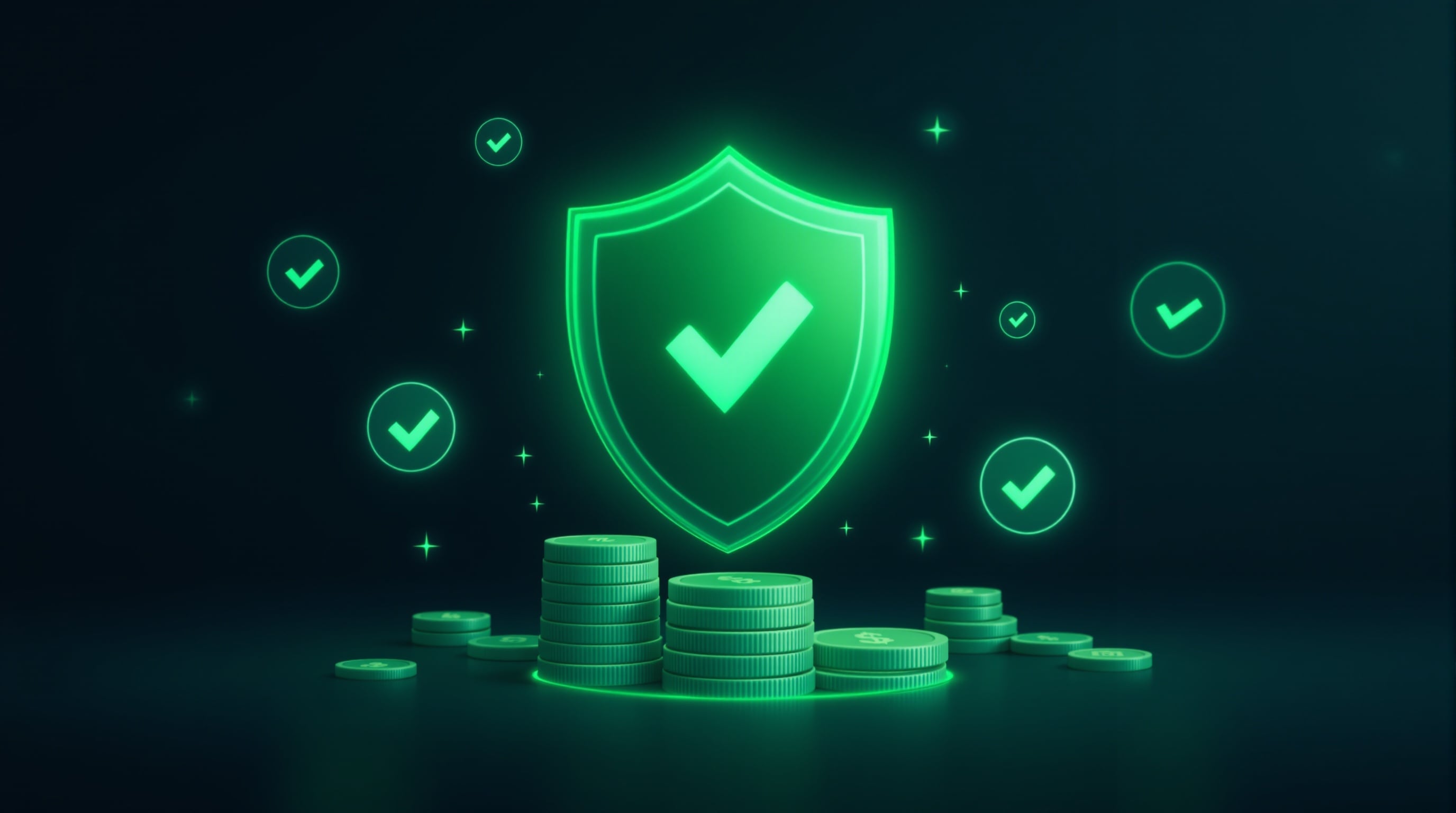Green shield protecting coins with verification icons around it