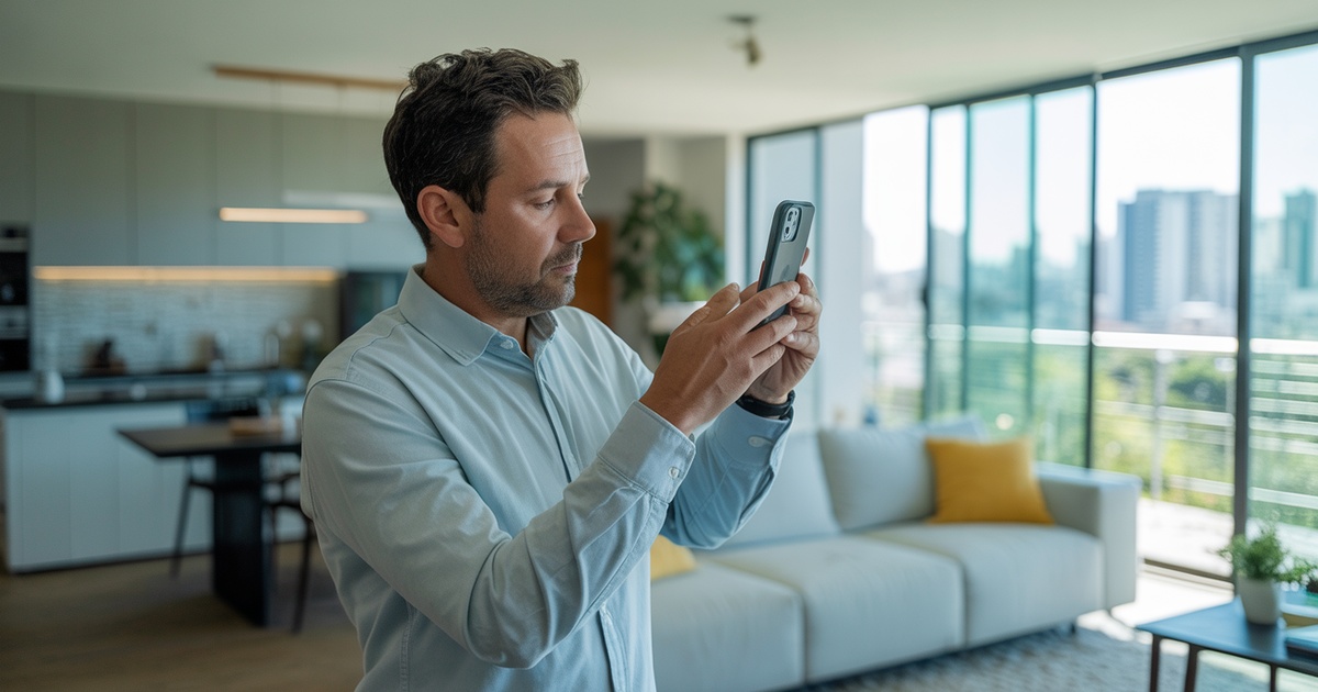 Proprietário fotografando o estado de um apartamento com smartphone durante vistoria de entrada