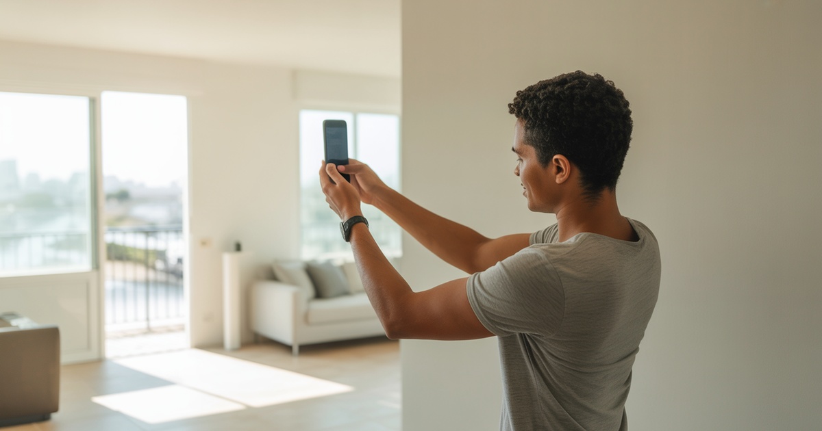 Inquilino fotografando o estado de um apartamento com smartphone no dia da entrada para proteger o caução