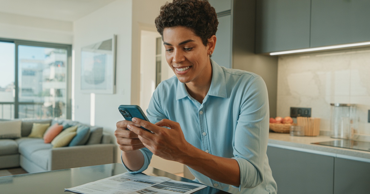 Inquilino jovem usando smartphone para pesquisar apartamentos e documentar imóvel alugado em São Paulo