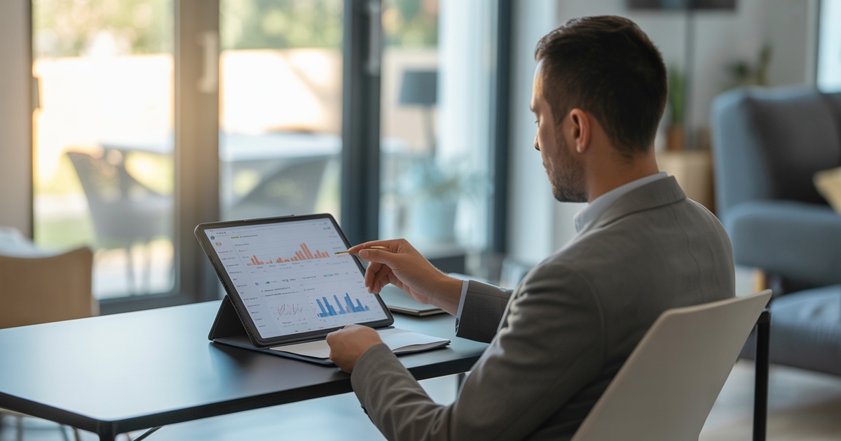 Landlord using a tablet to analyze 2026 real estate market trends