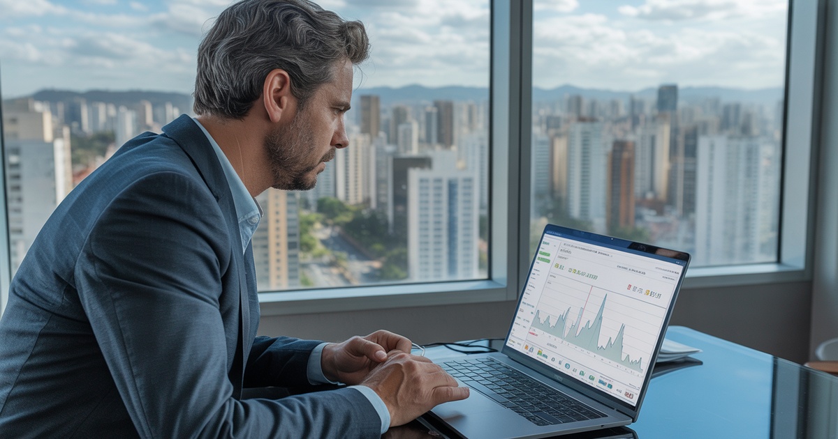 Proprietário analisando dados do mercado imobiliário em tablet com gráficos de tendências de aluguel 2026