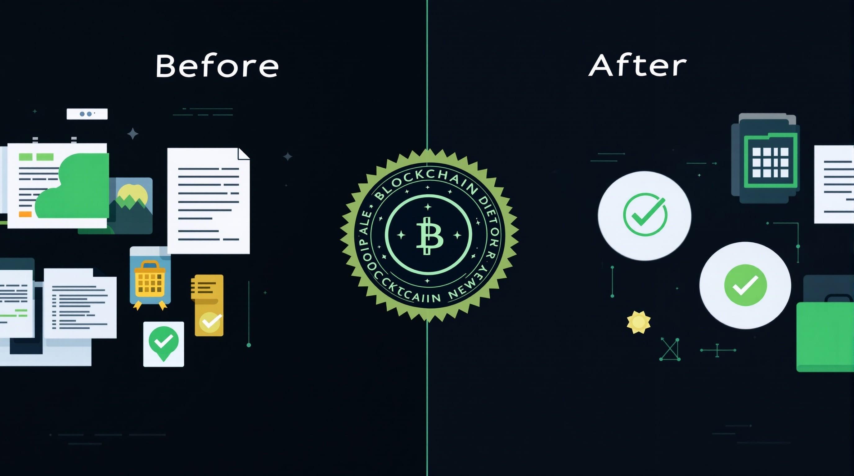 Split composition showing documentation and verification with blockchain seal in the center